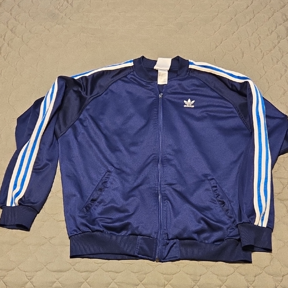 Adidas Dark Blue Track Jacket with White & Bright Blue Stripes
